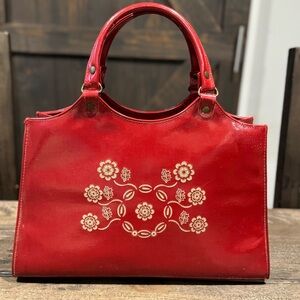 Red Floral Handbag with Long Strap